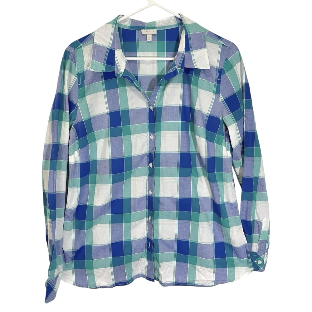 Talbots M Blue Green Plaid Button Down‎ Shirt Cotton Preppy Coastal Classic
